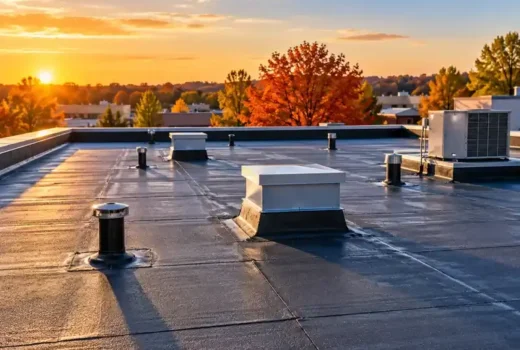 Flat roof maintenance checklist inspection on a Calgary commercial building rooftop