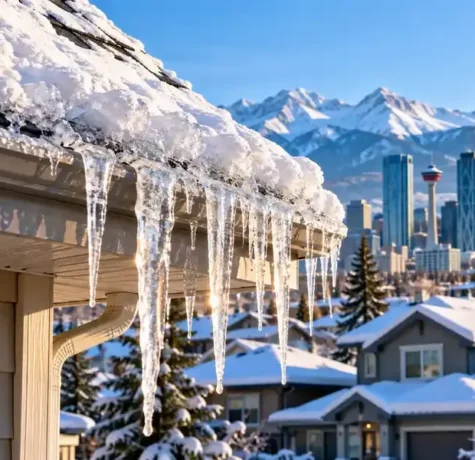 Calgary house roof with icicles and snow at the eaves showing ice dam prevention problem areas
