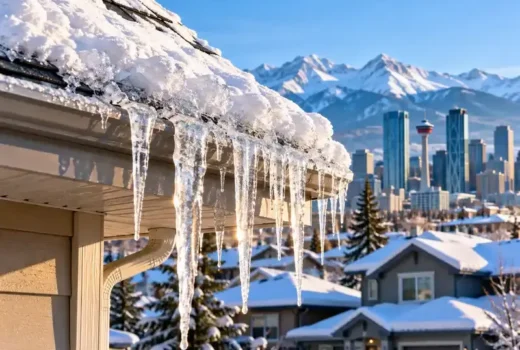 Calgary house roof with icicles and snow at the eaves showing ice dam prevention problem areas