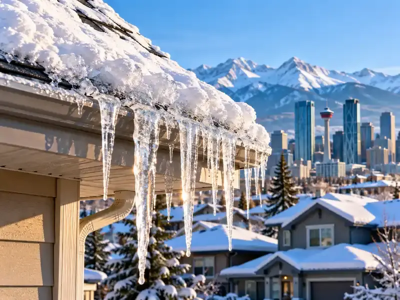 Calgary house roof with icicles and snow at the eaves showing ice dam prevention problem areas